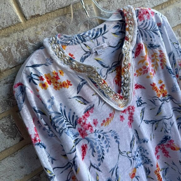 Chico's 3/4 Sleeve Embellished V-Neck 100% Linen Tunic Blouse Women's Size 2 (L) - Picture 5 of 8